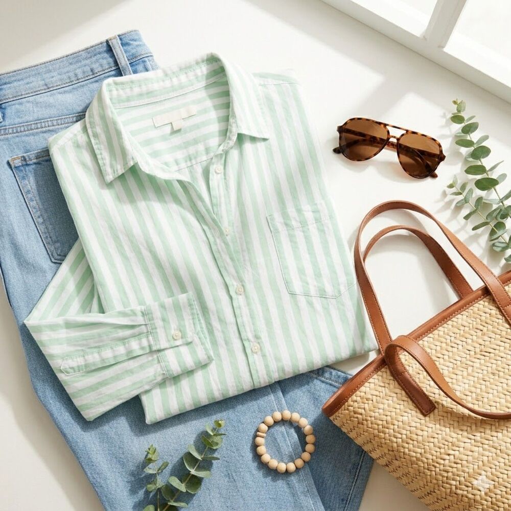 Jane and Delancey Green White Striped Linen-Look Button-Back Blouse M